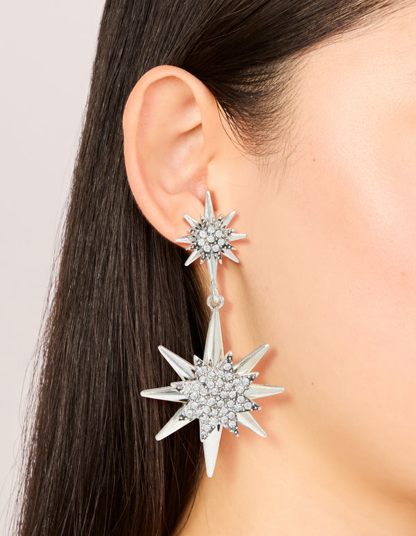 Antique Silver Diamante Asymetrical Star & Moon Drop Earrings