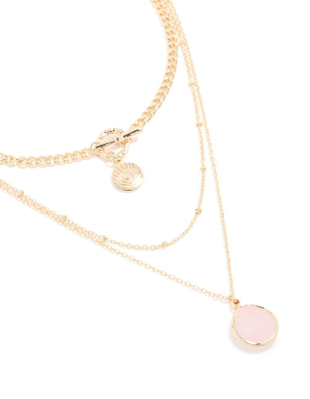 Gold Rose Quartz Semi-Precious Stone & Evil Eye Layered Necklace