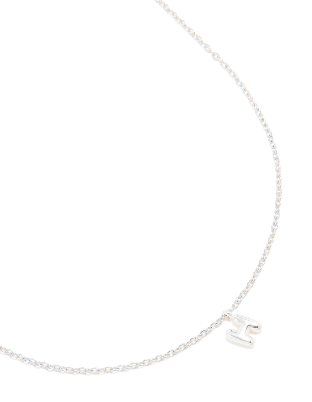 Showcasing a waterproof stainless steel mini bubble letter H necklace with initial pendant in dainty style silver close up view