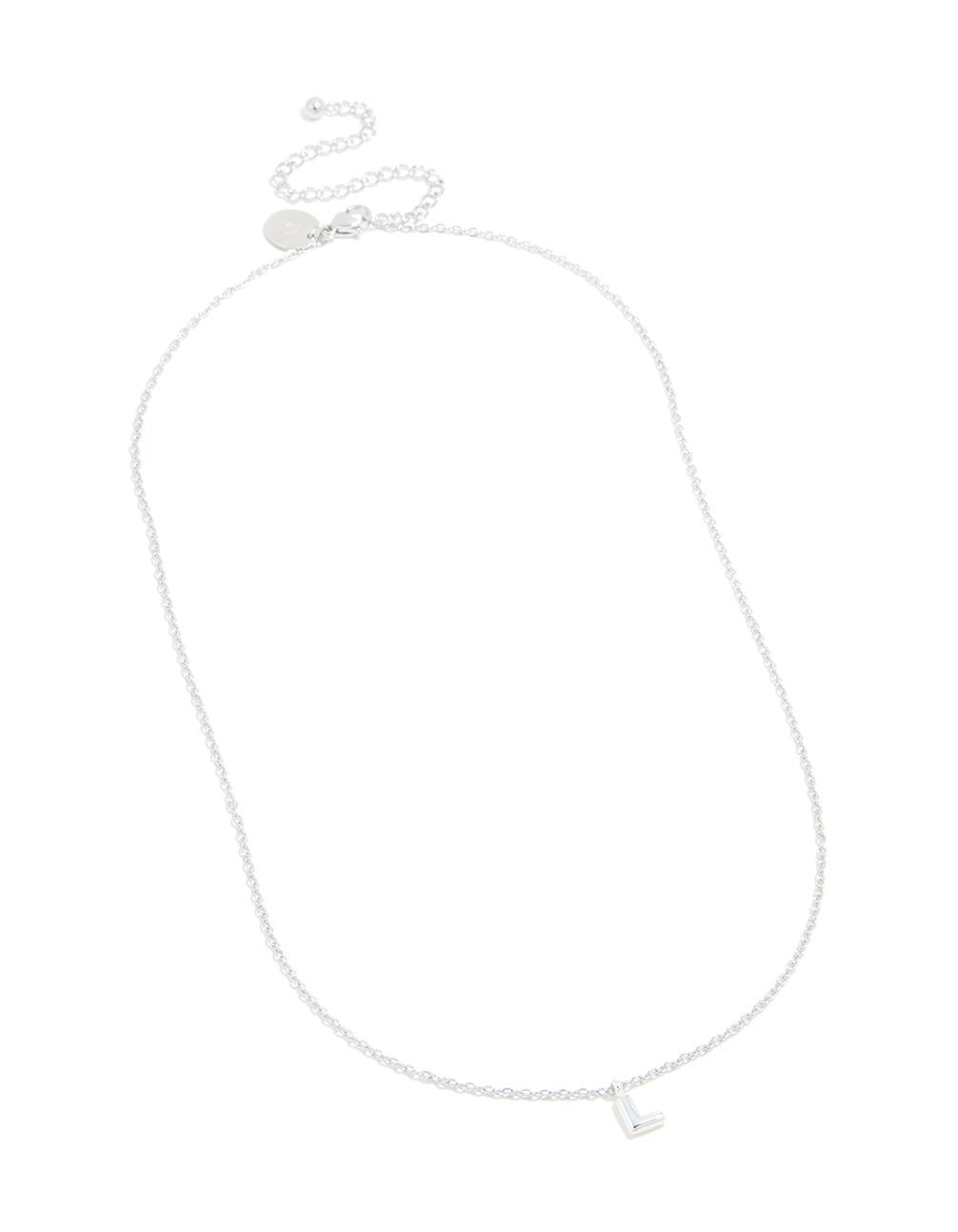 Experience a waterproof necklace featuring initial L pendant crafted from stainless steel in silver with dainty design front view