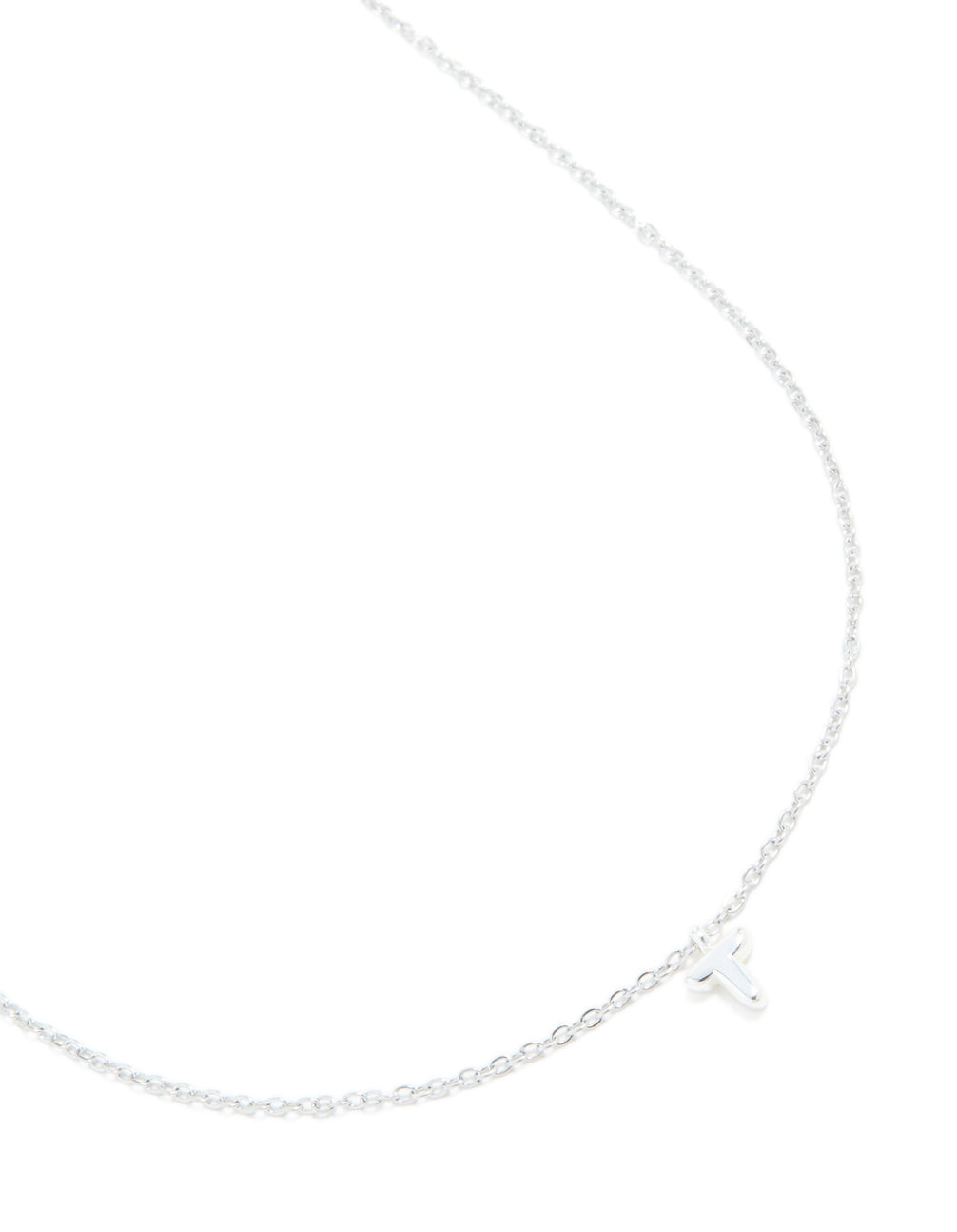 Discover this waterproof stainless steel mini bubble letter T necklace featuring initial pendant in silver close up view