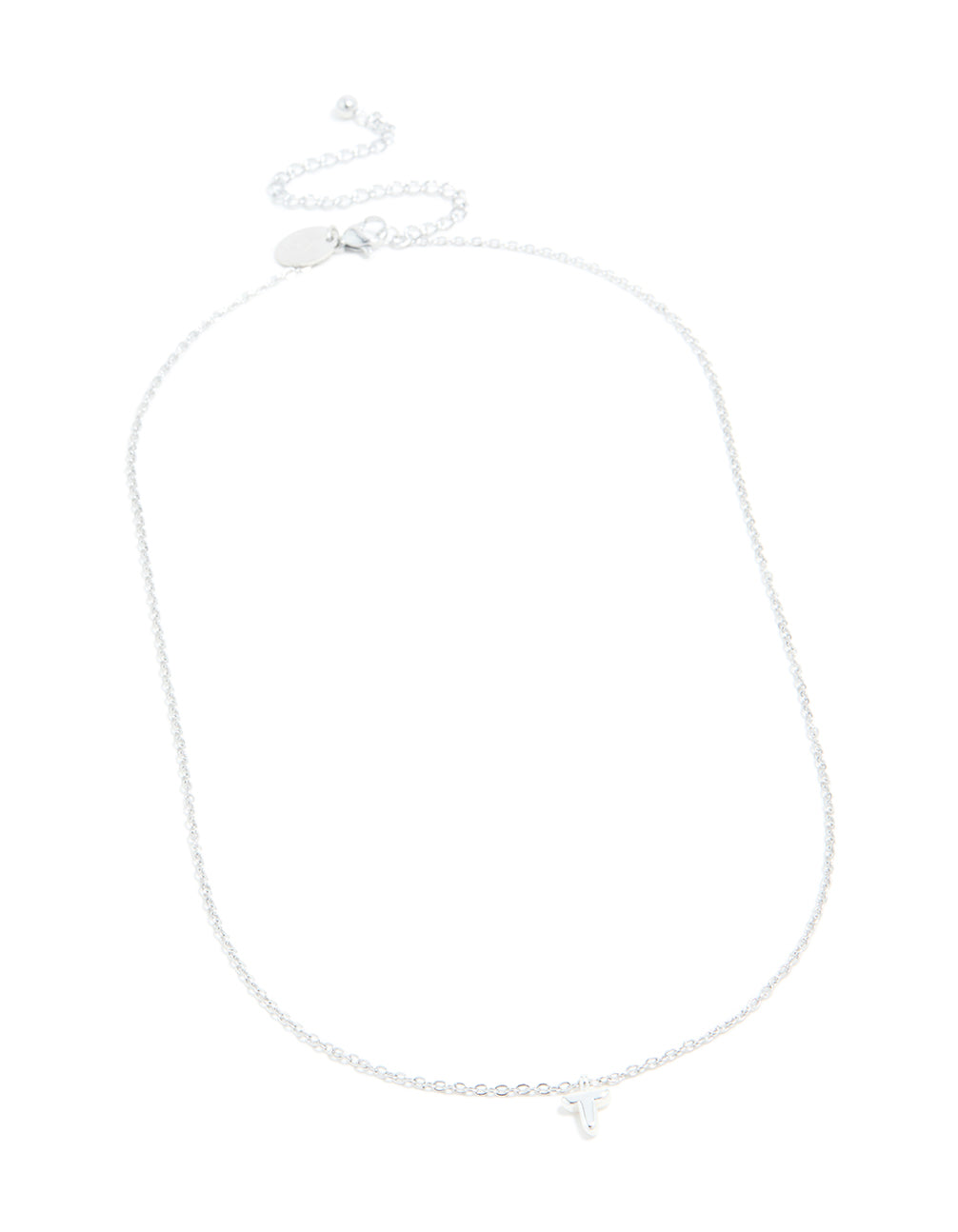 Shop this waterproof stainless steel mini bubble letter T necklace with initial pendant in silver front view