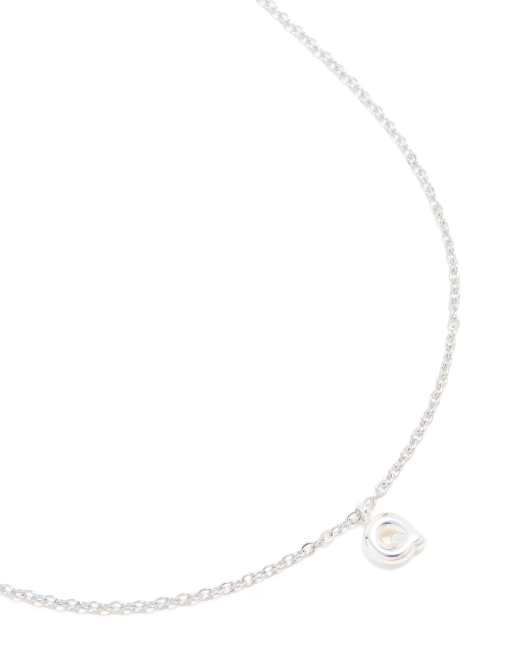 Crafted from waterproof stainless steel, this mini bubble letter Q necklace featuring an initial charm pendant in silver close up view