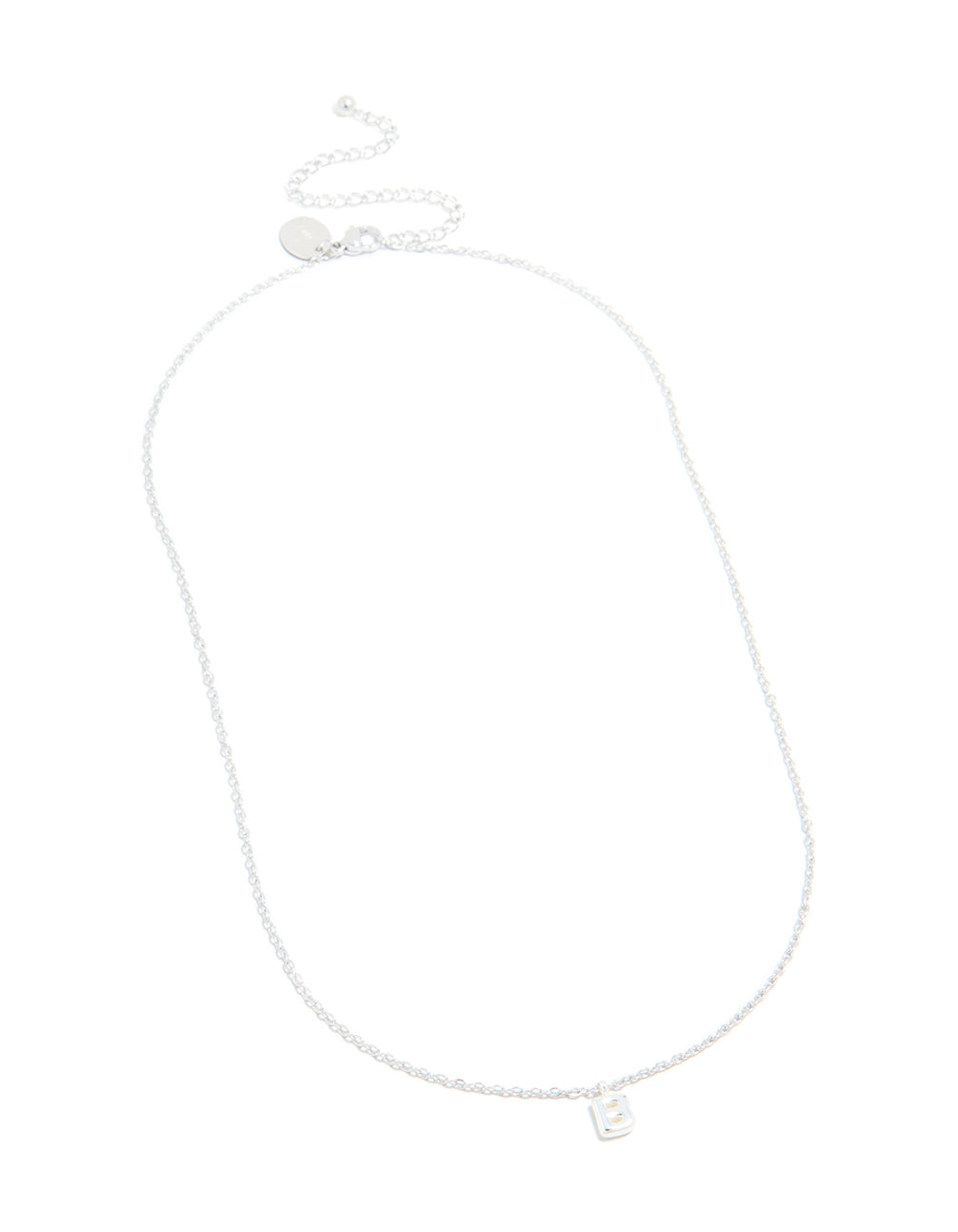 Designed with waterproof stainless steel mini bubble letter B necklace featuring initial pendant close up view