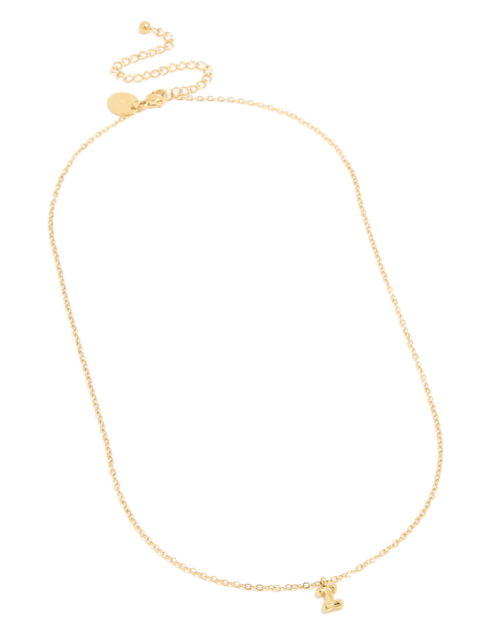 A waterproof mini bubble letter I necklace with initial pendant in stainless steel gold plated finish front view