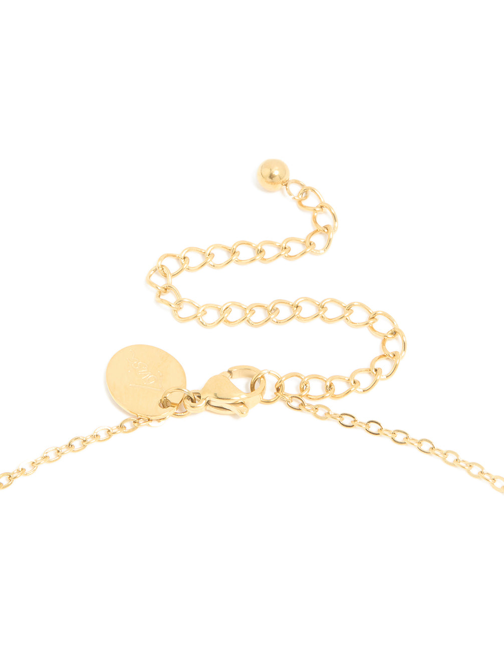 Presenting a waterproof mini bubble letter I necklace featuring initial pendant crafted from stainless steel in gold plated finish clasp detail view
