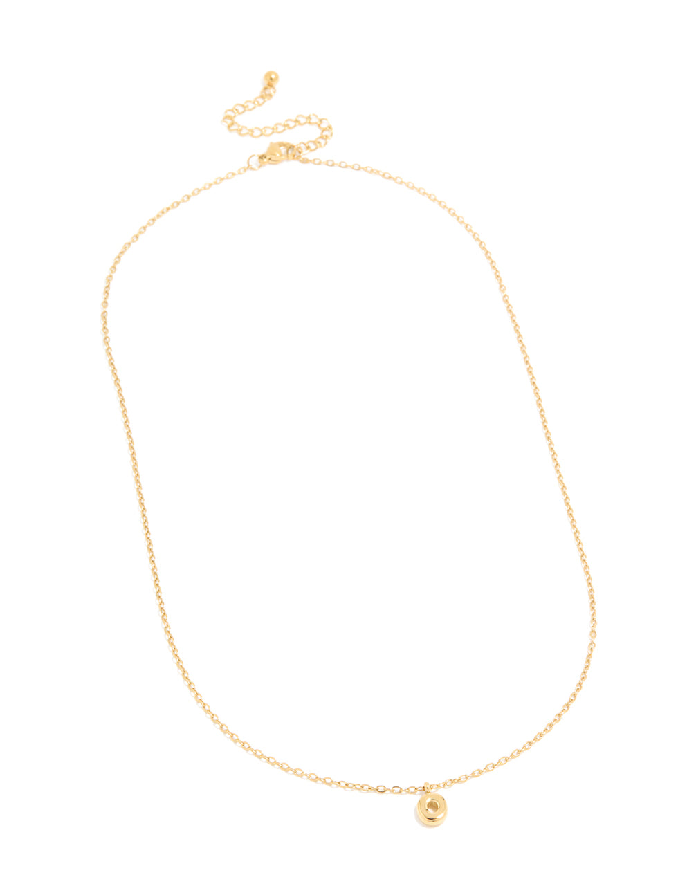 Showcasing waterproof gold plated stainless steel with mini bubble letter O initial pendant necklace front view