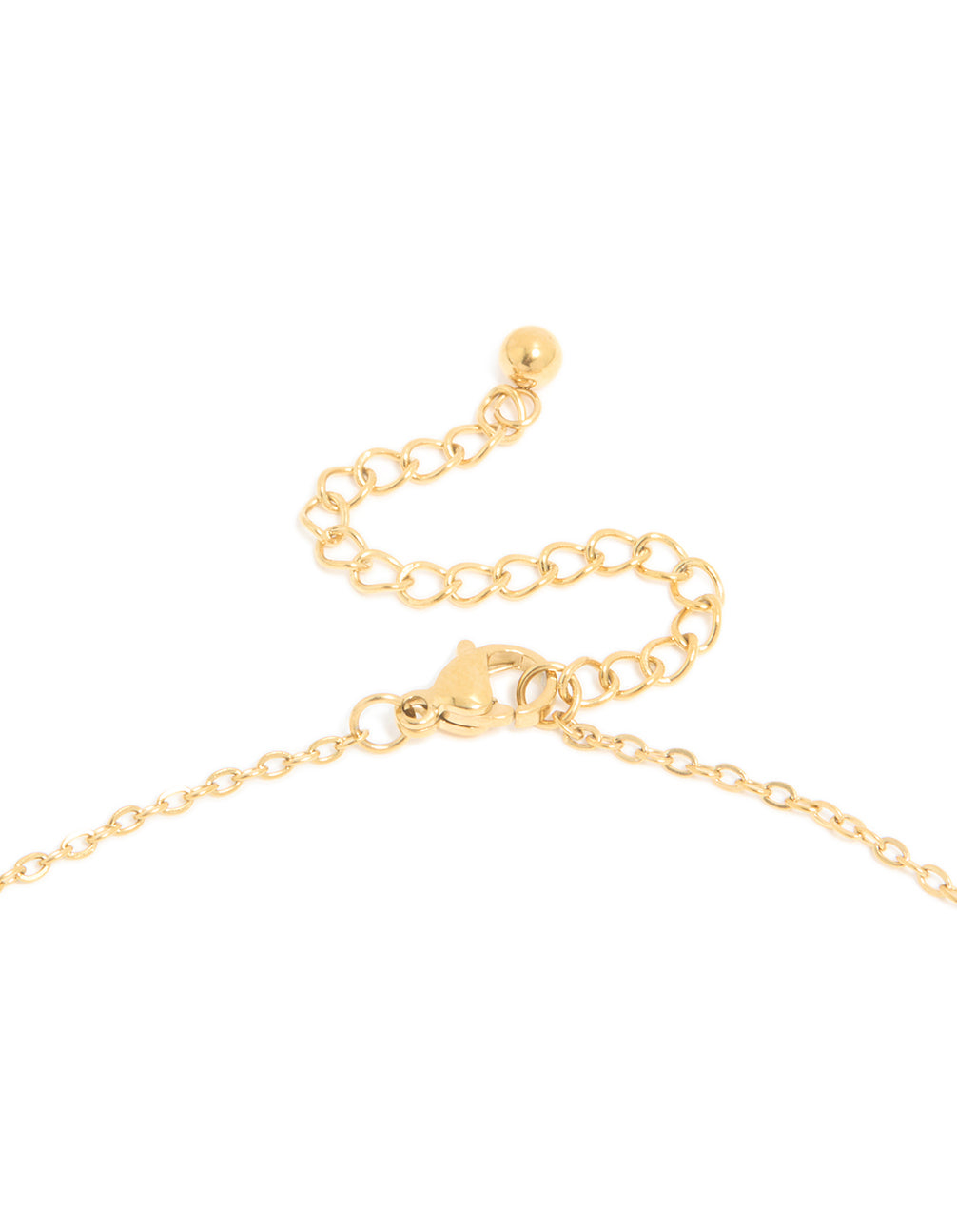 Highlighting waterproof gold plated stainless steel mini bubble letter O initial pendant necklace clasp detail view