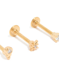 Gold Plated Surgical Steel Cubic Zirconia & Star Flat Back Studs 3-Pack - link has visual effect only