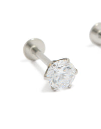 Explore round cut cubic zirconia stud earrings crafted from surgical steel with flat back closure close up view - link has visual effect only