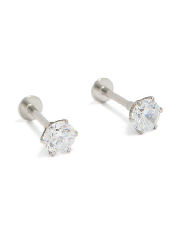 Discover round cut cubic zirconia stud earrings crafted from surgical steel with flat back closure front view