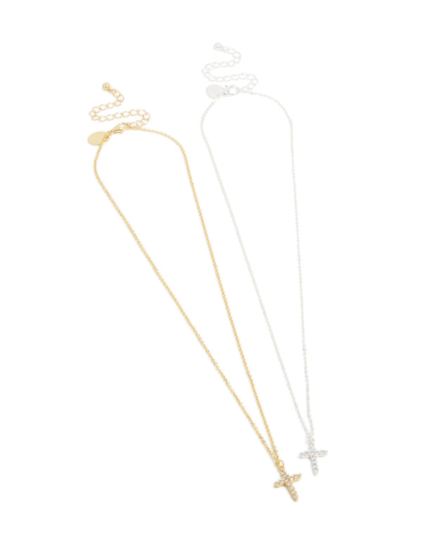 Mixed Metal Plated Cross Cubic Zirconia Pendant Necklaces 2-Pack