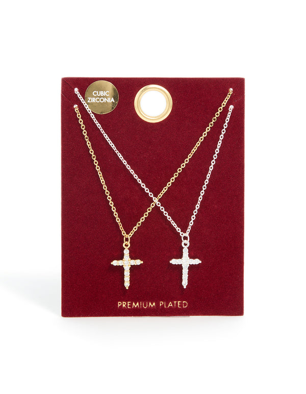 Mixed Metal Plated Cross Cubic Zirconia Pendant Necklaces 2-Pack