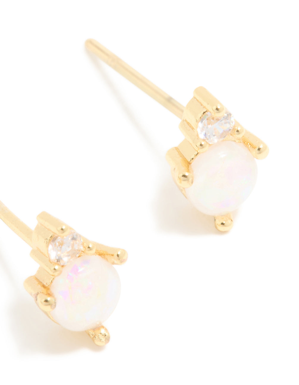 Showcasing waterproof gold plated stainless steel with October cubic zirconia and crystal accents, these duo stud earrings post detail view