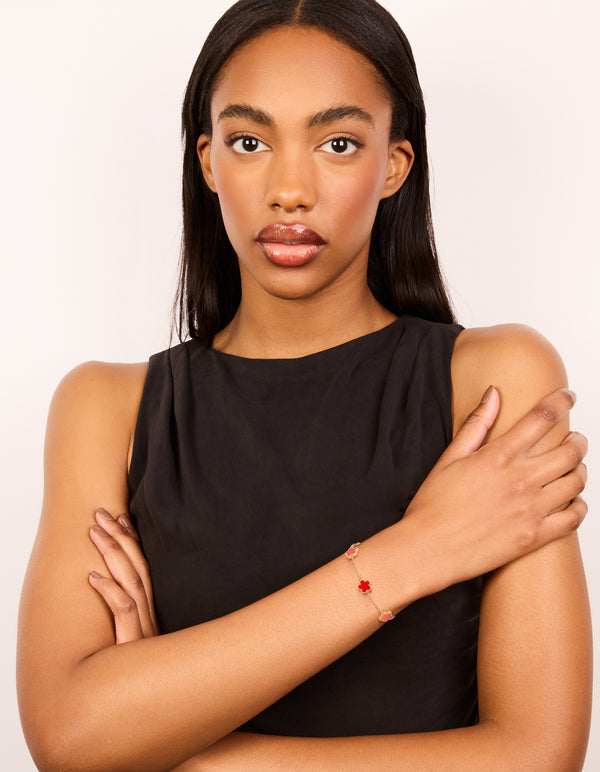 Waterproof Gold Plated Stainless Steel Red Shell Petal Flower Charm Bracelet