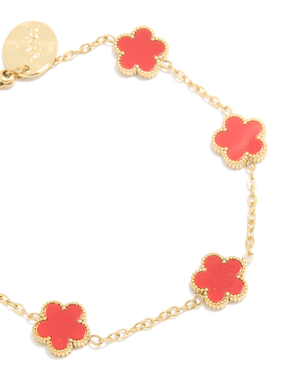 Waterproof Gold Plated Stainless Steel Red Shell Petal Flower Charm Bracelet