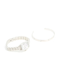 Silver Watch & Diamante Wrist Cuff Set - link has visual effect only