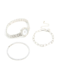 Silver Watch & Diamante Chain Bracelets Set - link has visual effect only