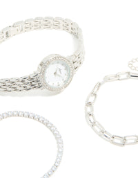 Silver Watch & Diamante Chain Bracelets Set - link has visual effect only