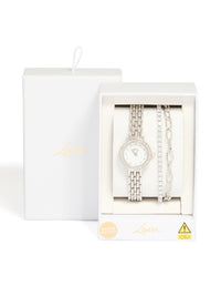 Silver Watch & Diamante Chain Bracelets Set - link has visual effect only