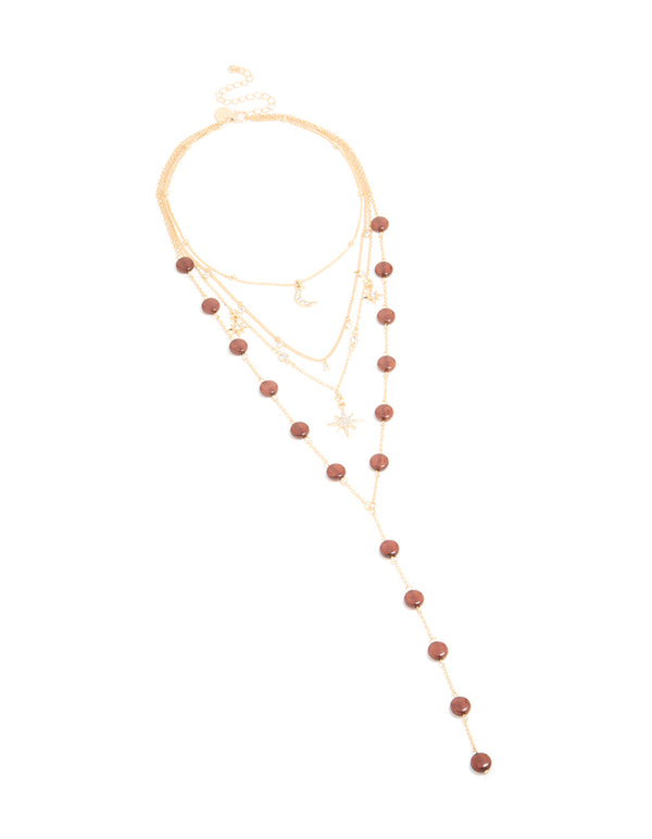 Gold Celestial Multi Rust Beaded Layered Y-Necklace