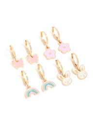 Showcasing kids' gold bunny garden earrings in a 4-pack, featuring animal, butterfly, and floral designs with a huggie closure in light pink, ivory, and aqua front view - link has visual effect only