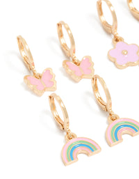 Discover kids gold bunny garden earrings 4-pack with animal, butterfly and floral huggie closure in light pink ivory aqua close up view - link has visual effect only