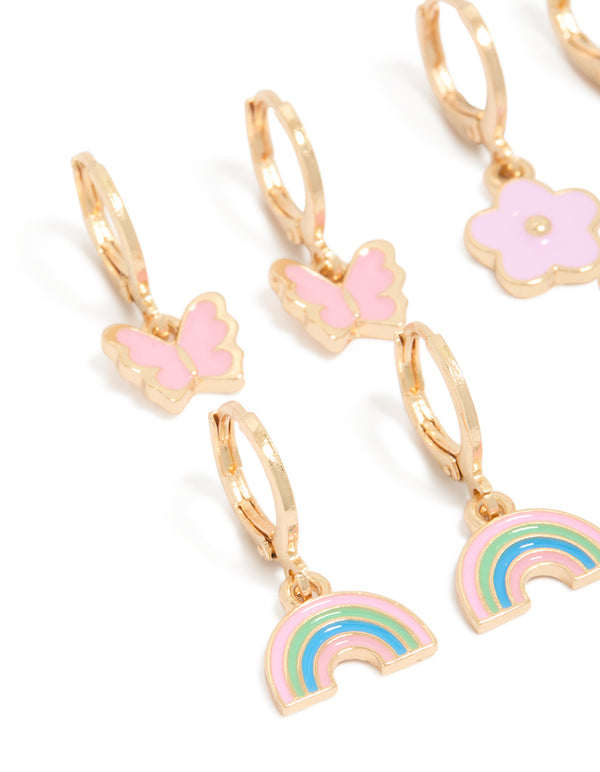 Discover kids gold bunny garden earrings 4-pack with animal, butterfly and floral huggie closure in light pink ivory aqua close up view