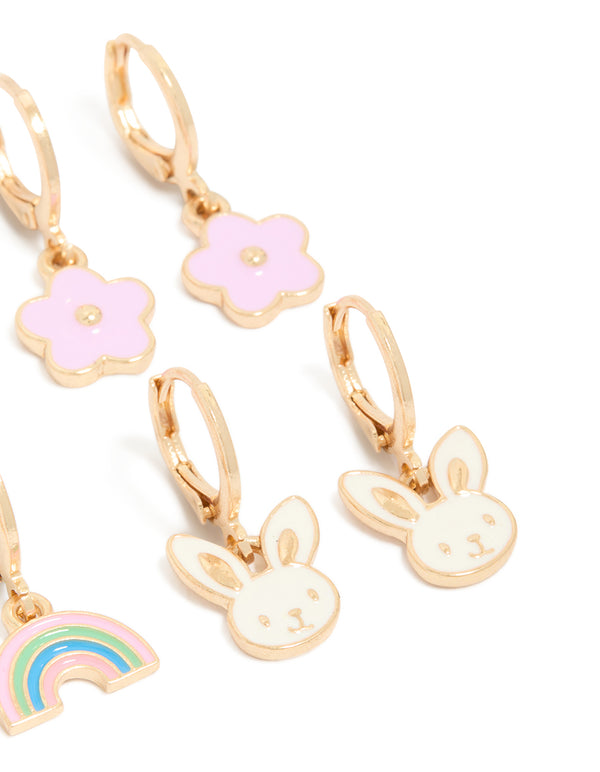 Designed with kids gold bunny garden earrings 4-pack featuring animal, butterfly and floral huggie closure in light pink ivory aqua post detail view