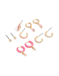 Beautifully crafted gold diamante and pink enamel hoop earrings 5-pack featuring beads with closure front view - link has visual effect only