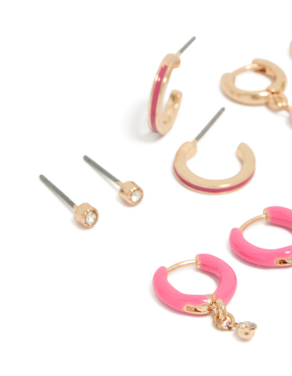 Stunning gold diamante and pink enamel hoop earrings 5-pack with beads closure close up view