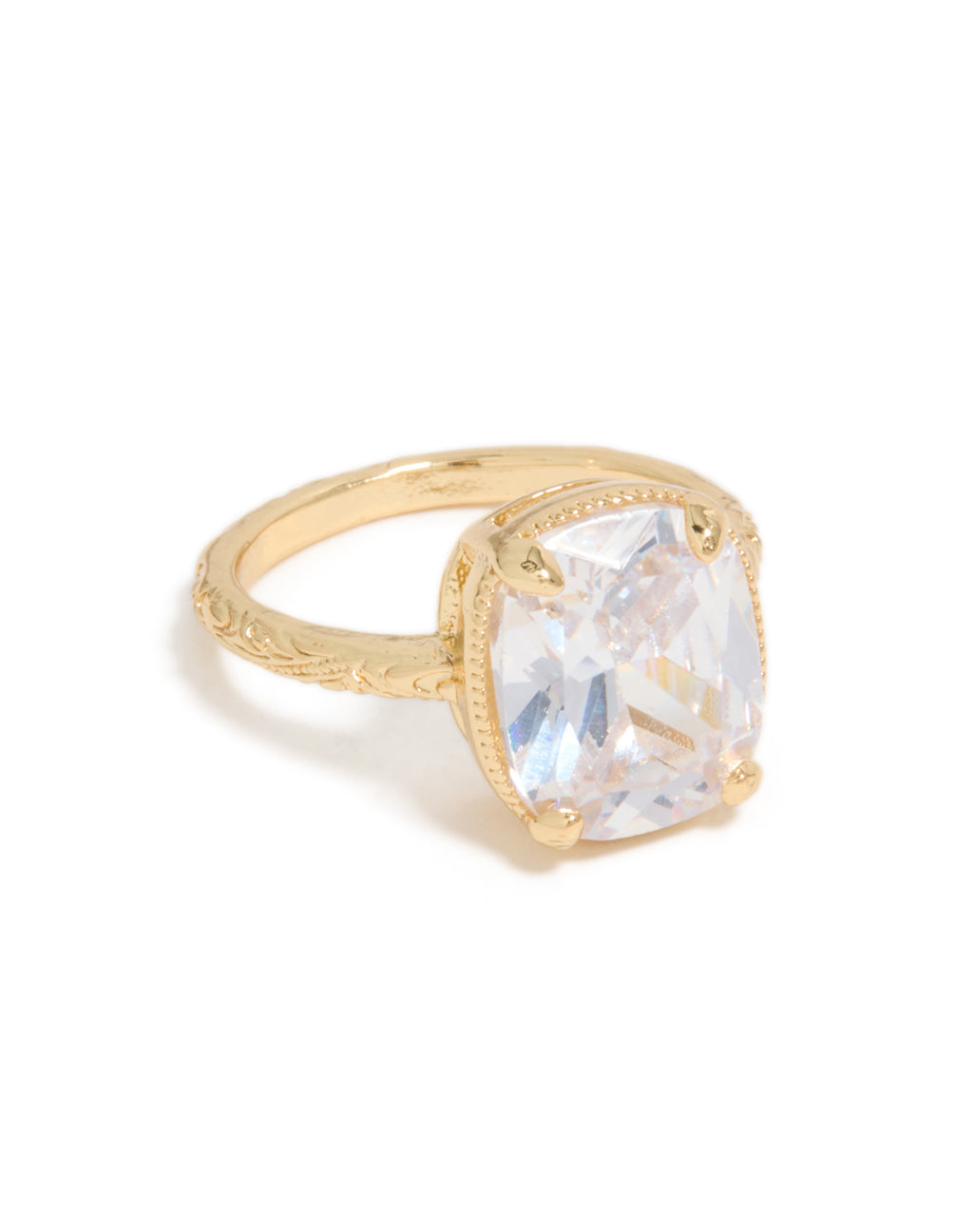 Showcasing a gold plated vintage cubic zirconia ring with crystal and statement design side detail view