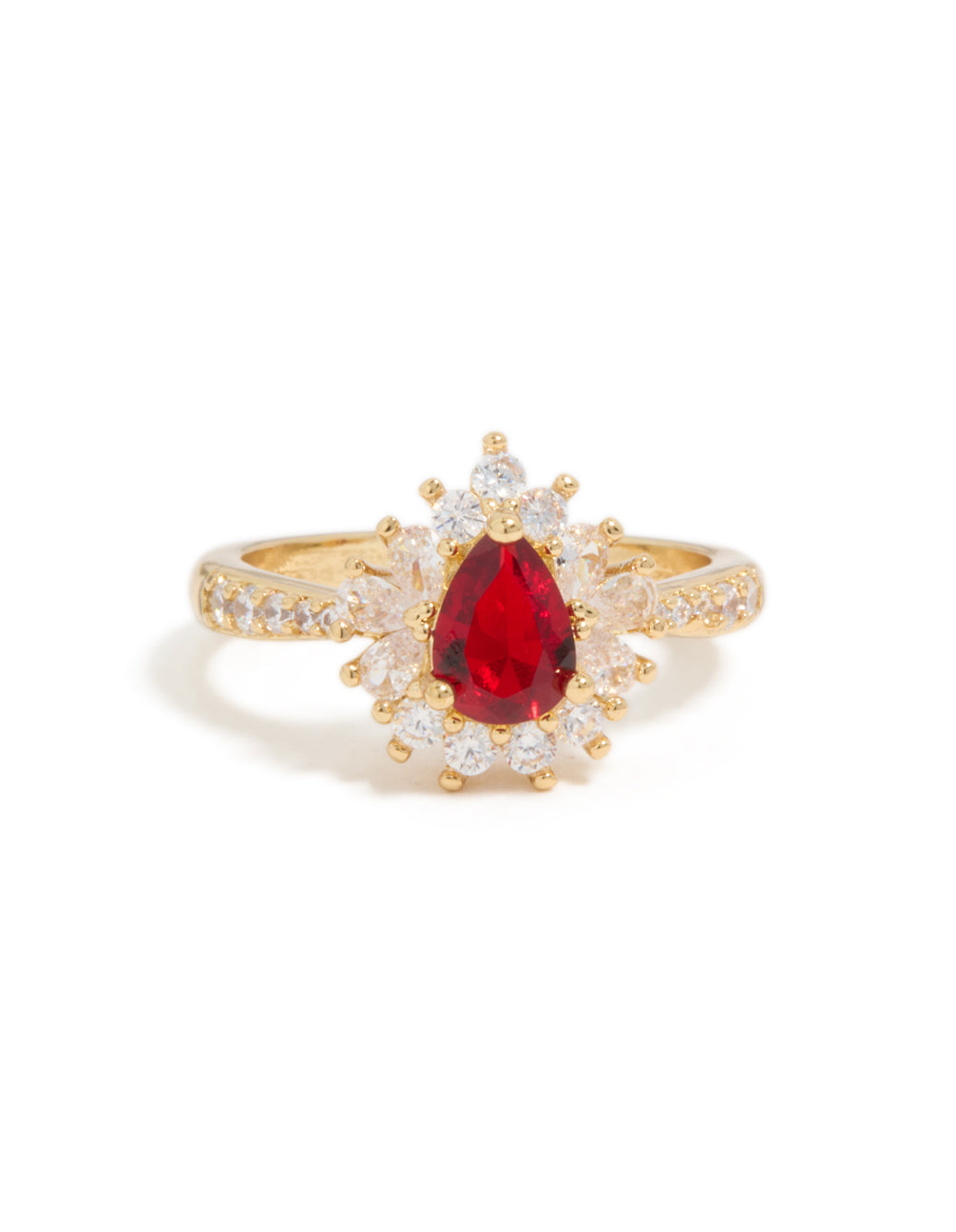 Designed with gold plated material, this gleaming red cubic zirconia ring features pear stone cut in statement style close up view