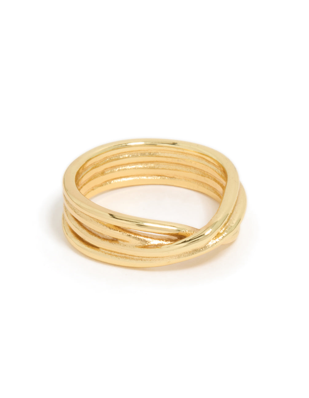 Featuring a waterproof gold plated stainless steel crossed line ring with statement design front view