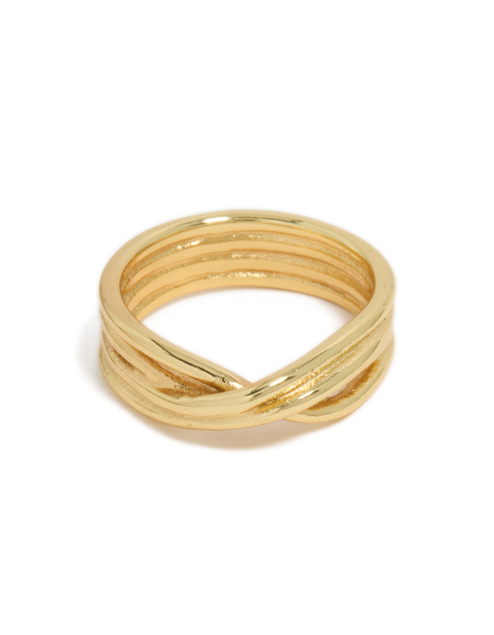 Introducing a waterproof gold plated stainless steel crossed line ring with statement styling close up view