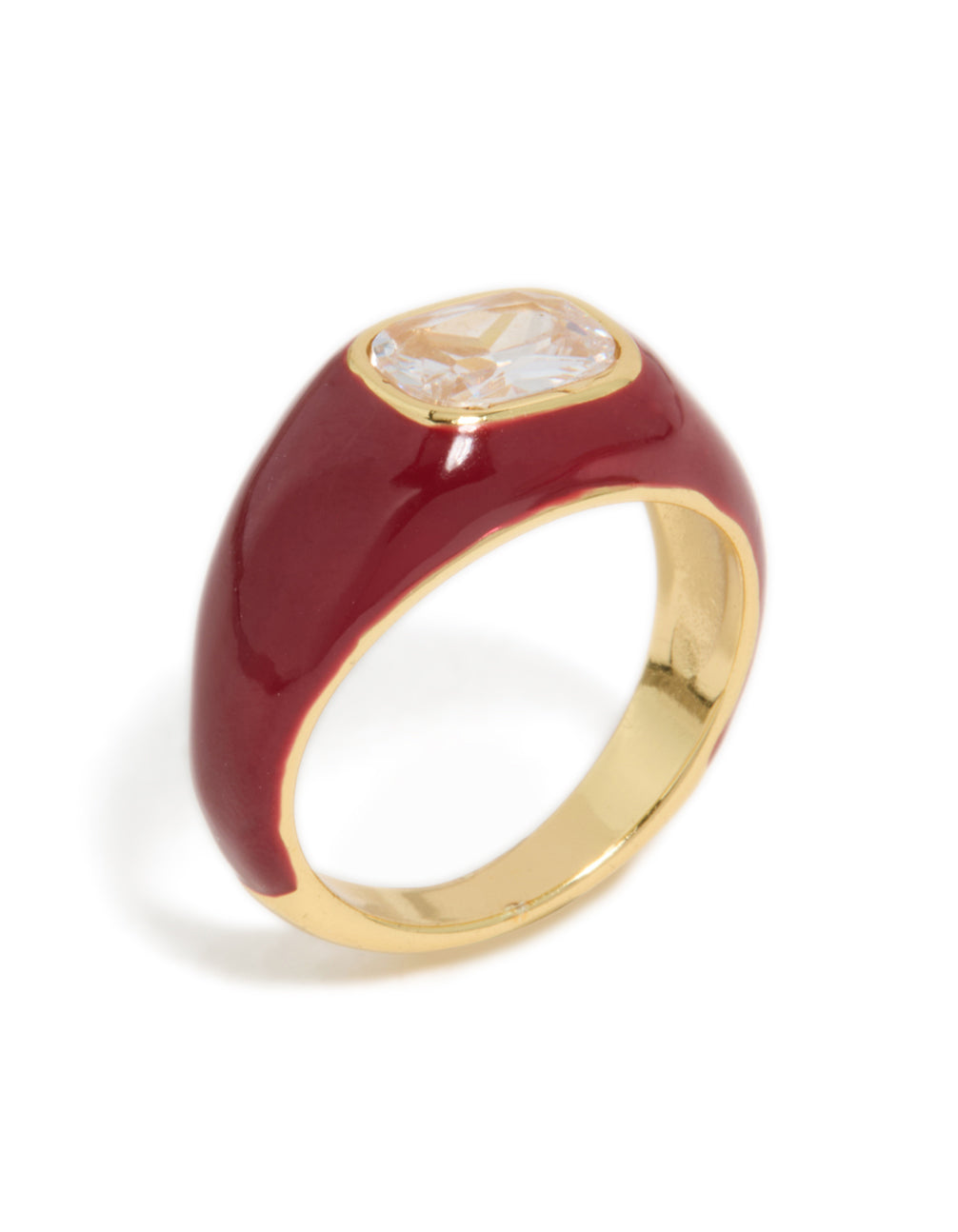 Designed with waterproof gold plated stainless steel, red enamel band and cushion-shaped cubic zirconia side detail view