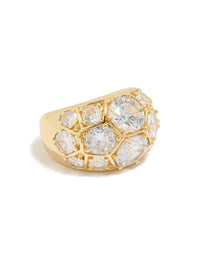 Stunning statement ring crafted from gold plated material featuring large diamantes front view - link has visual effect only