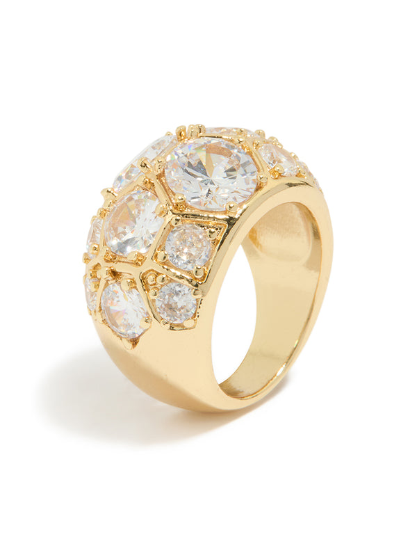 This extra large diamantes ring showcases gold plated craftsmanship with bold white stones side detail view