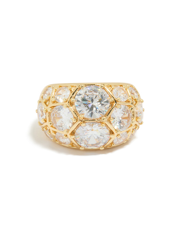 Elegant gold plated statement ring with extra large diamantes in white close up view