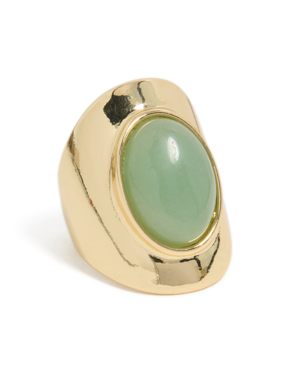 Showcasing a gold plated ring with oval green semi precious stone side detail view