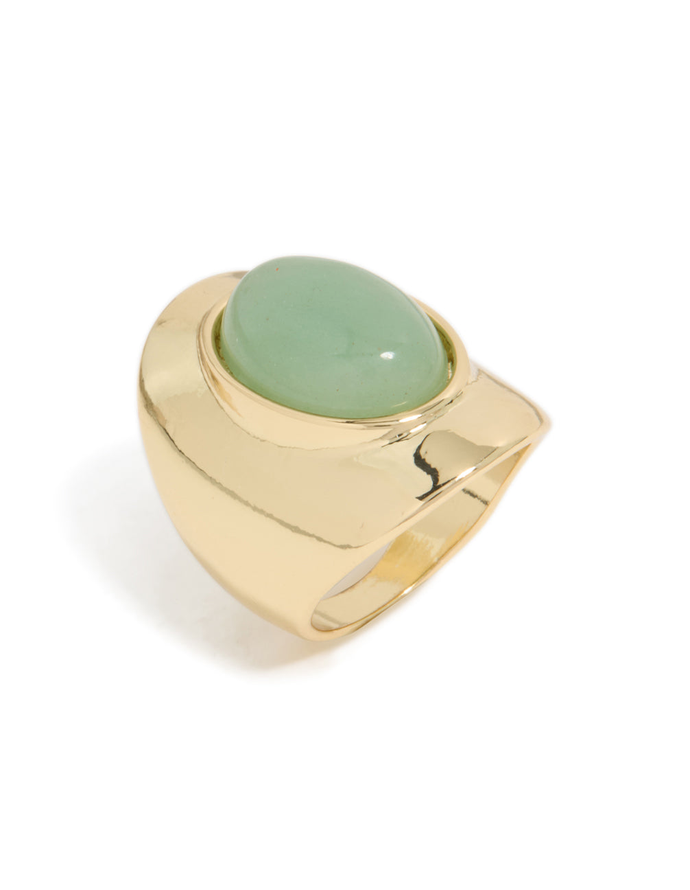 Presenting a gold plated oval green semi precious stone ring front view