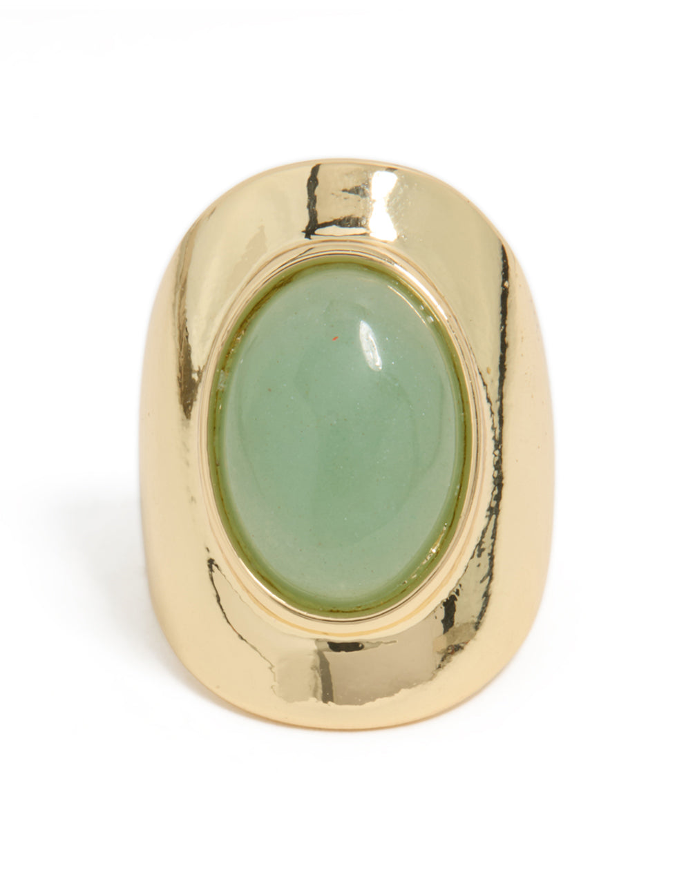 Designed with oval green semi precious stone in gold plated setting close up view