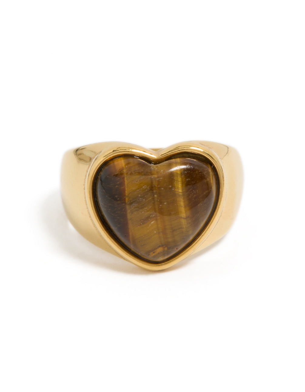 Highlighting a heart tiger's eye stone ring crafted from waterproof gold plated stainless steel with statement style close up view