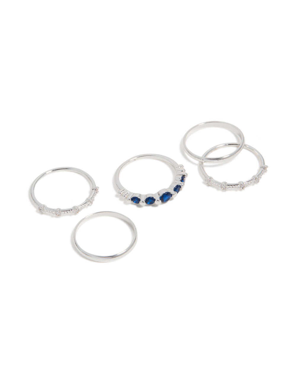 Featuring silver plated dainty cubic zirconia stacking rings 5-pack with royal blue and clear stones front view