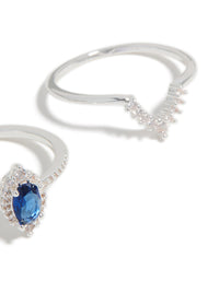 Silver Plated Pear & Blue Cubic Zirconia Crown Stacking Rings 2-Pack - link has visual effect only