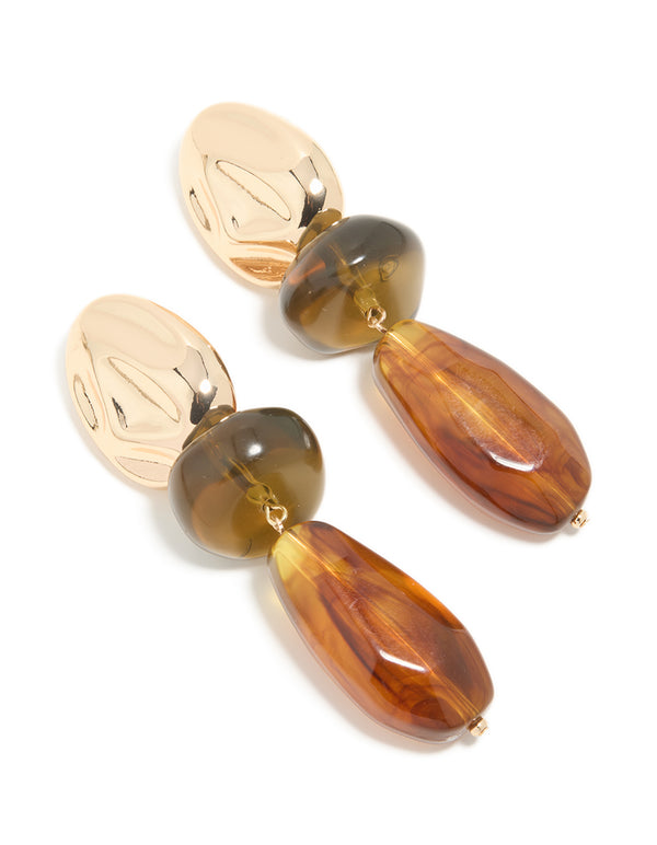 Gold & Brown Acrylic Double Beaded Drop Earrings