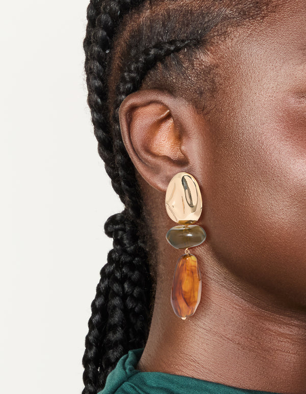 Gold & Brown Acrylic Double Beaded Drop Earrings