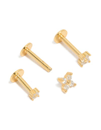 Gold Plated Sterling Silver Cubic Zirconia Flower Flat Back Studs 3-Pack - link has visual effect only