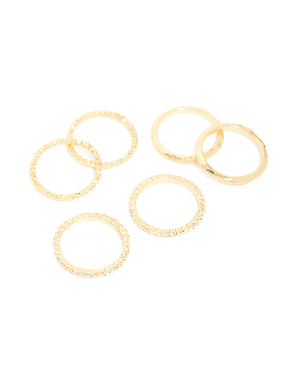 Gold Plated Multi Textured & Diamante Rings 6-Pack