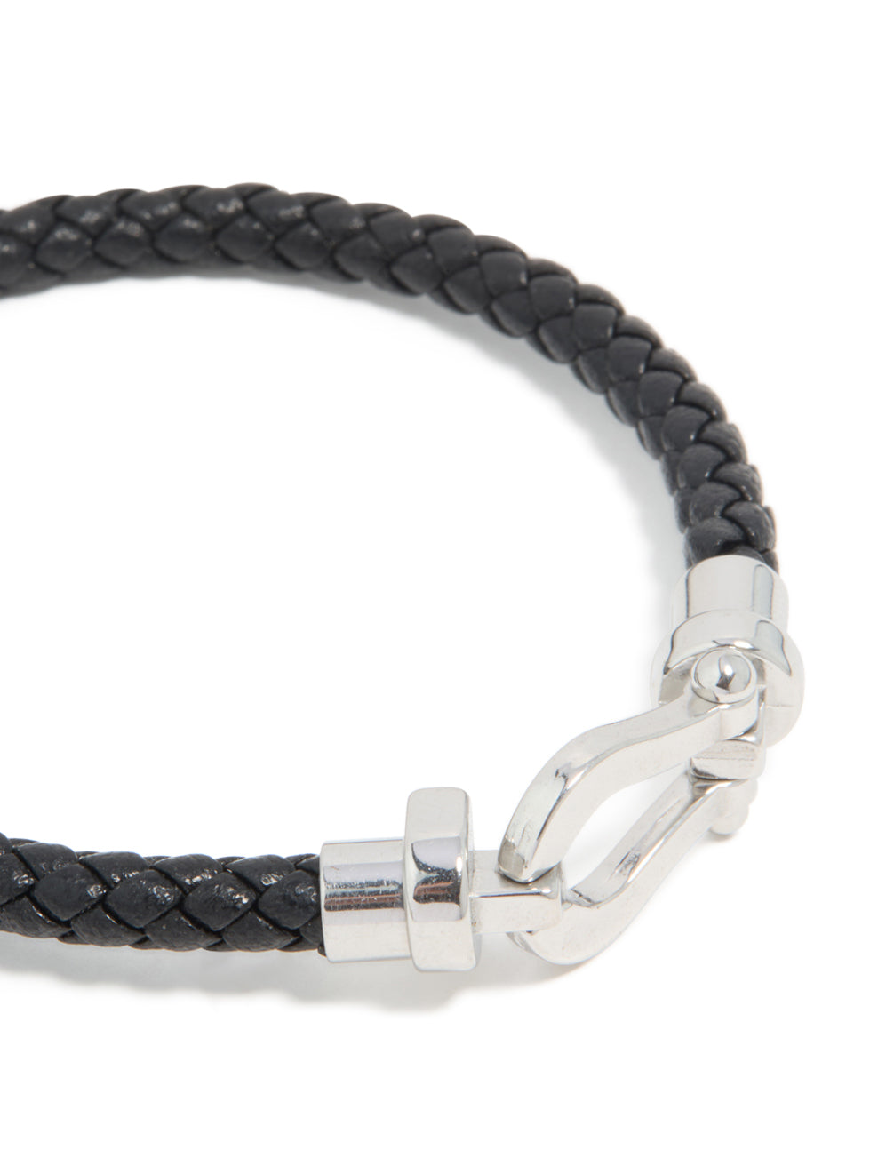 Featuring waterproof stainless steel with black PU leather braiding, this chunky link bracelet highlights the silver clasp in closure detail view